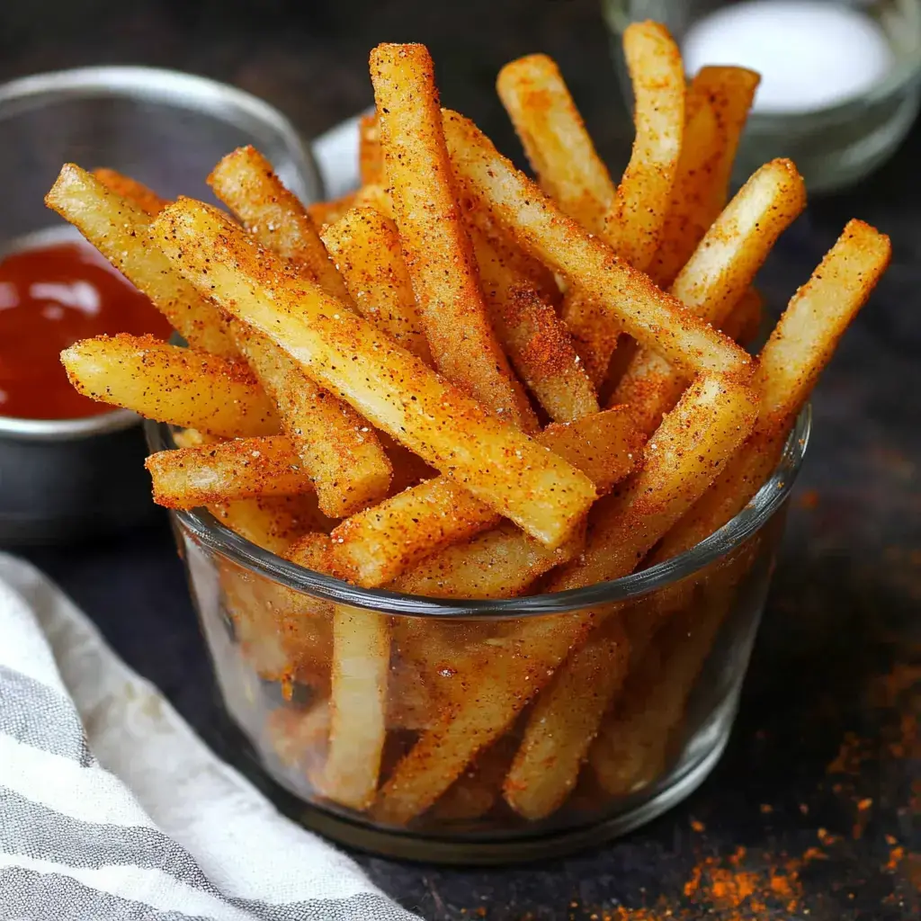 A glass bowl filled with seasoned French fries, accompanied by a small container of ketchup.