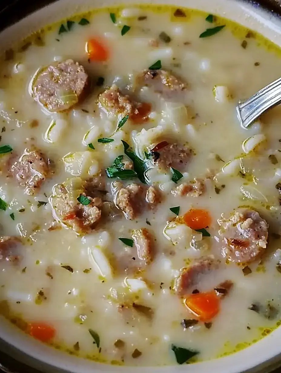 A creamy soup with slices of sausage, diced carrots, and herbs, garnished with parsley.