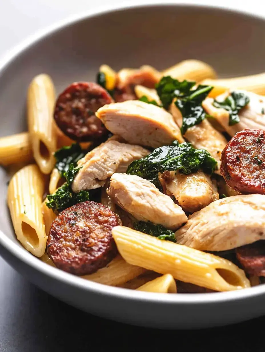 A bowl of pasta with sliced chicken, sausage, and kale.