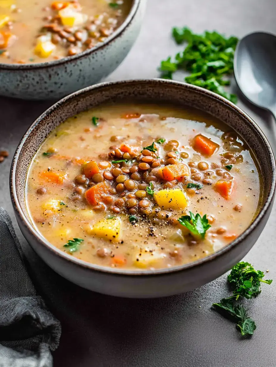 A close-up view of two bowls of lentil soup garnished with herbs and vegetables.