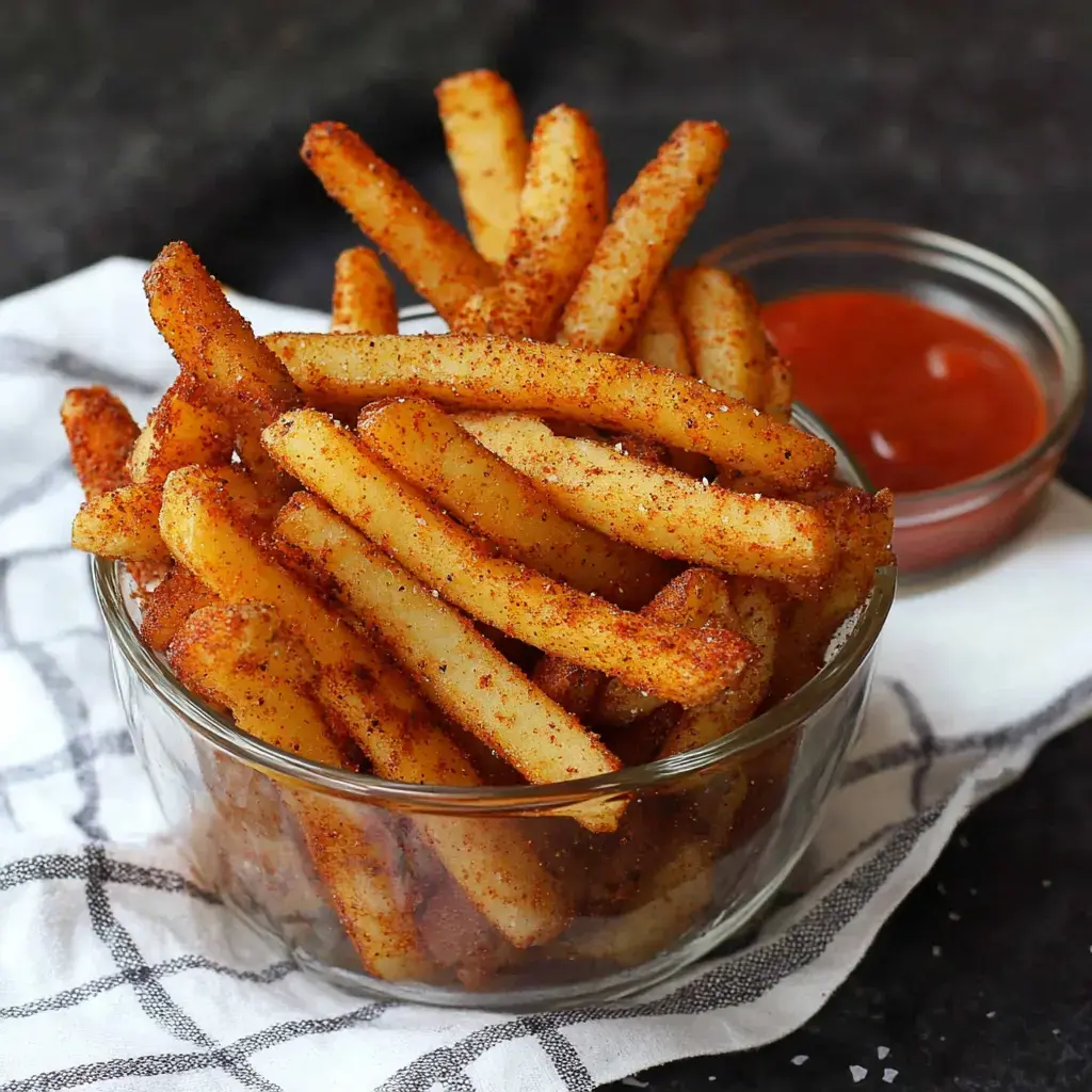 A glass bowl filled with golden-brown seasoned French fries alongside a small dish of ketchup.