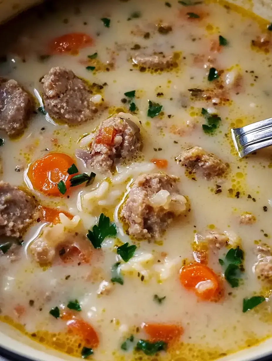 A close-up of a creamy soup containing pieces of meat, carrots, and herbs, garnished with parsley.