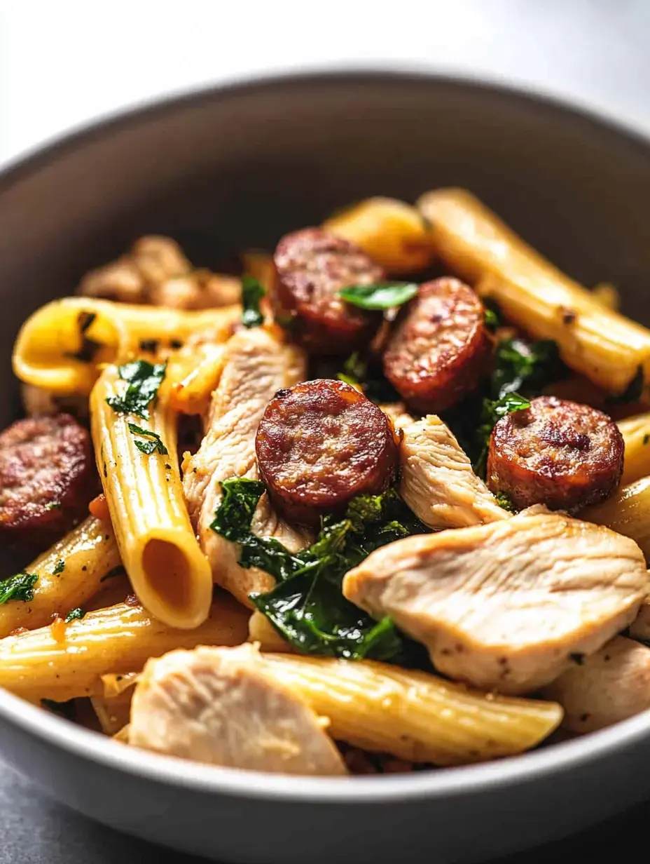 A close-up view of a bowl filled with pasta, sliced chicken, smoked sausage, and greens.