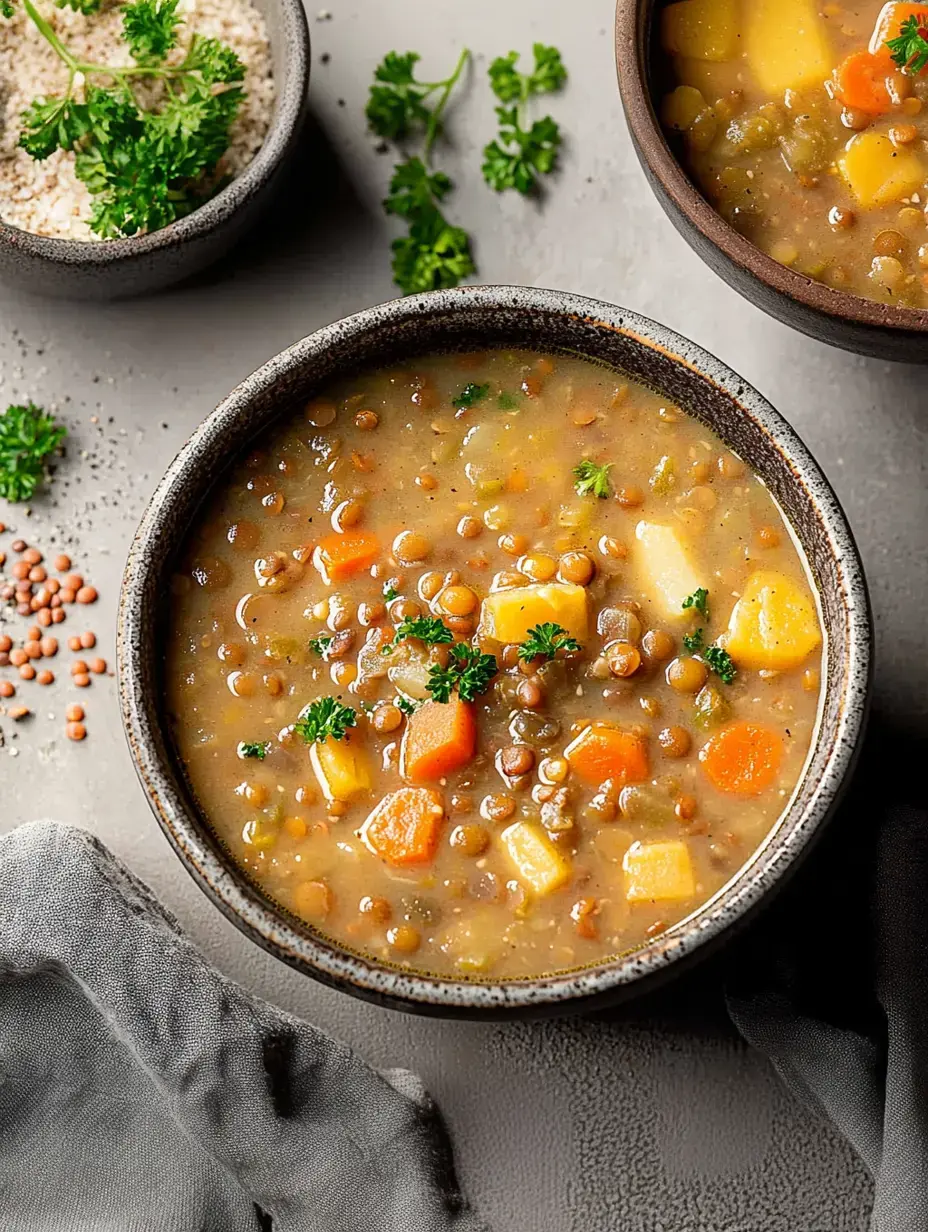 A bowl of lentil soup with diced vegetables and herbs is displayed alongside a small bowl of coarse salt and scattered lentils on a textured surface.