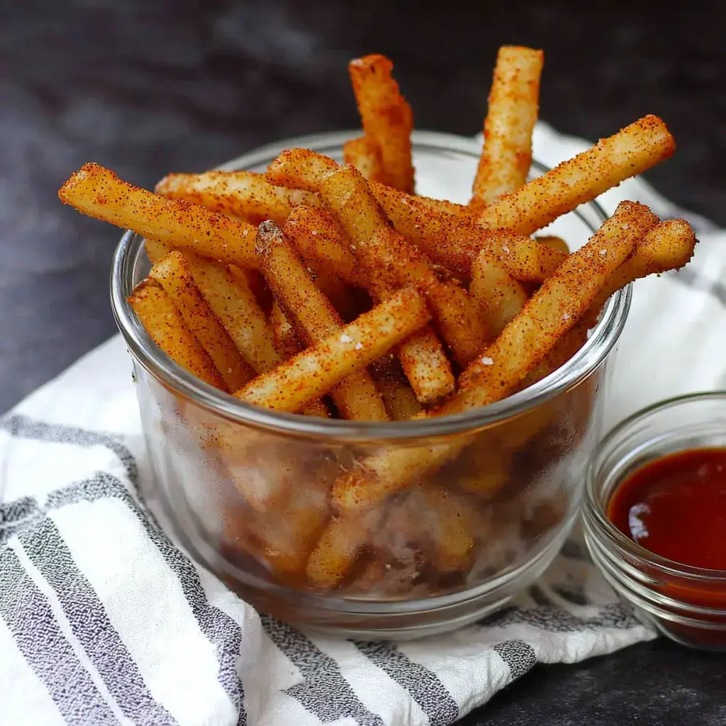 A glass bowl filled with seasoned French fries next to a small dish of ketchup, placed on a striped cloth.