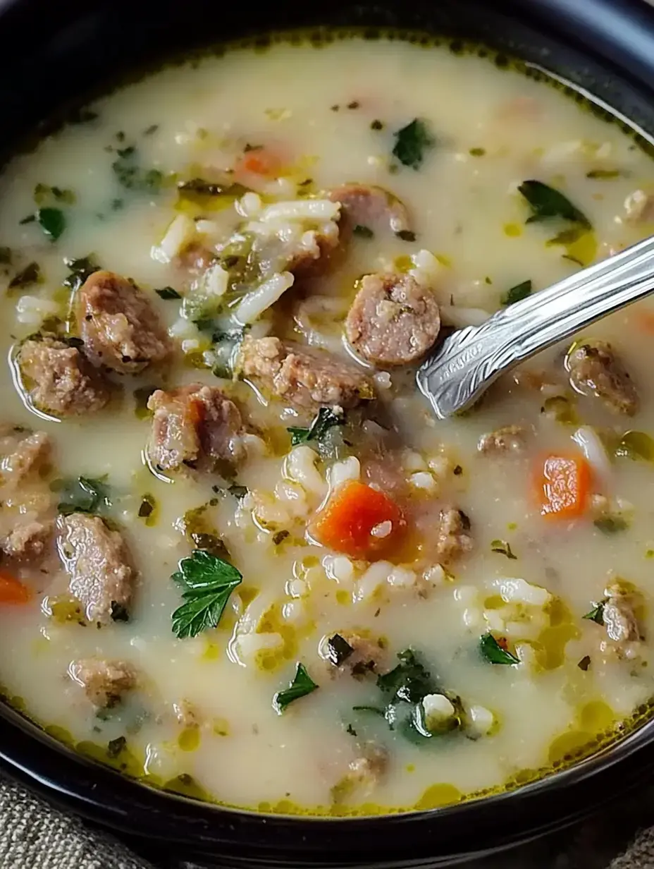 A close-up view of a bowl of hearty soup with sausage, rice, vegetables, and herbs, served with a silver spoon.