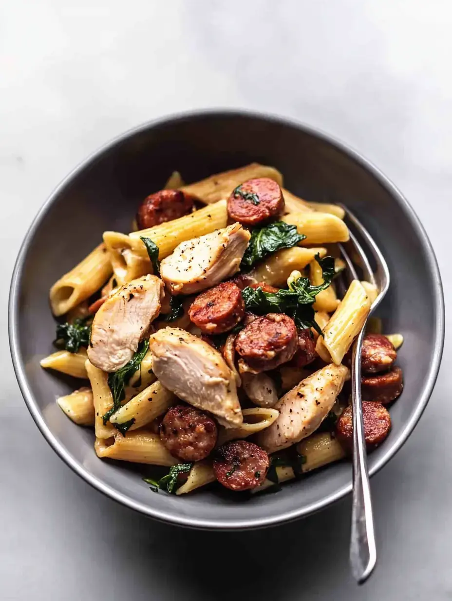 A bowl of penne pasta mixed with sliced chicken, sausage, and spinach, garnished with herbs.