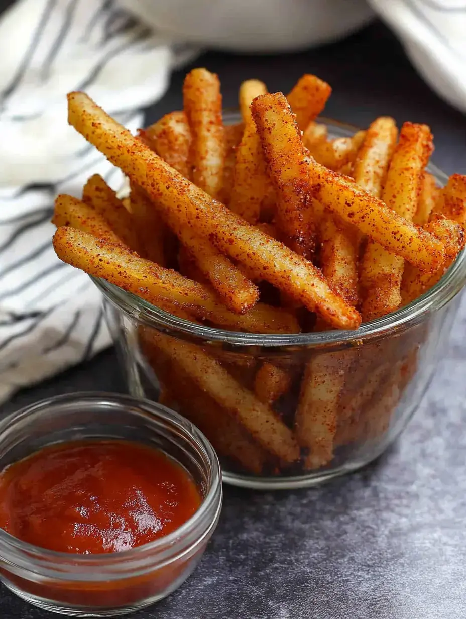 A glass bowl filled with seasoned fries sits next to a small dish of ketchup on a dark surface.