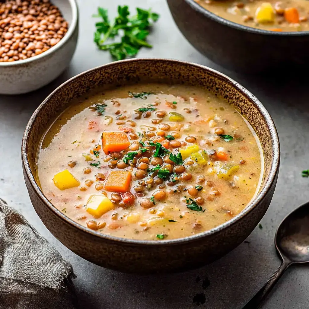 A bowl of lentil soup with chunks of vegetables and herbs, accompanied by a small bowl of lentils and a spoon.