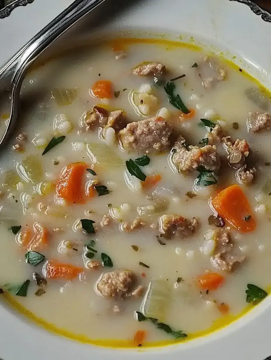 A creamy soup filled with chunks of ground meat, carrots, celery, and herbs, served with a spoon.