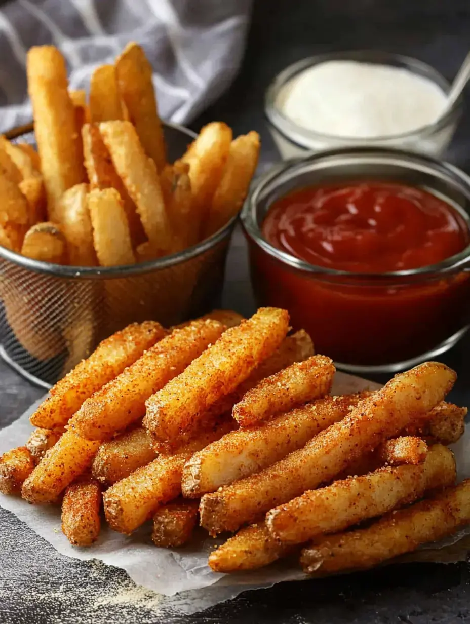 A plate of golden, seasoned fries served with bowls of ketchup and a creamy dip.