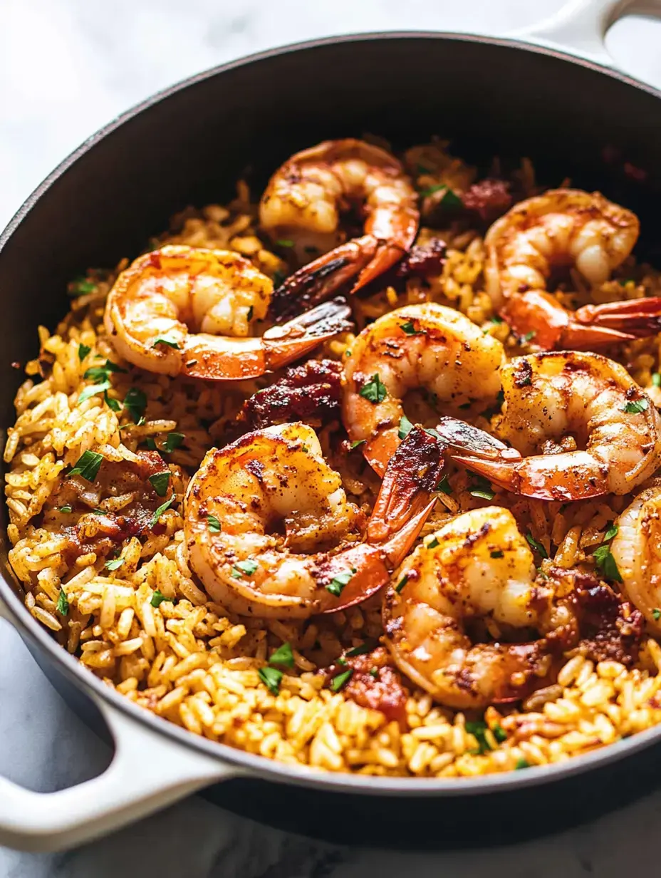 A close-up view of a skillet filled with golden rice topped with large, seasoned shrimp and garnished with fresh parsley.