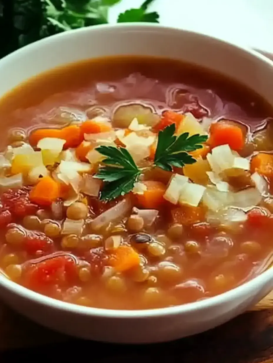 A close-up of a bowl of hearty lentil soup garnished with diced vegetables and fresh herbs.