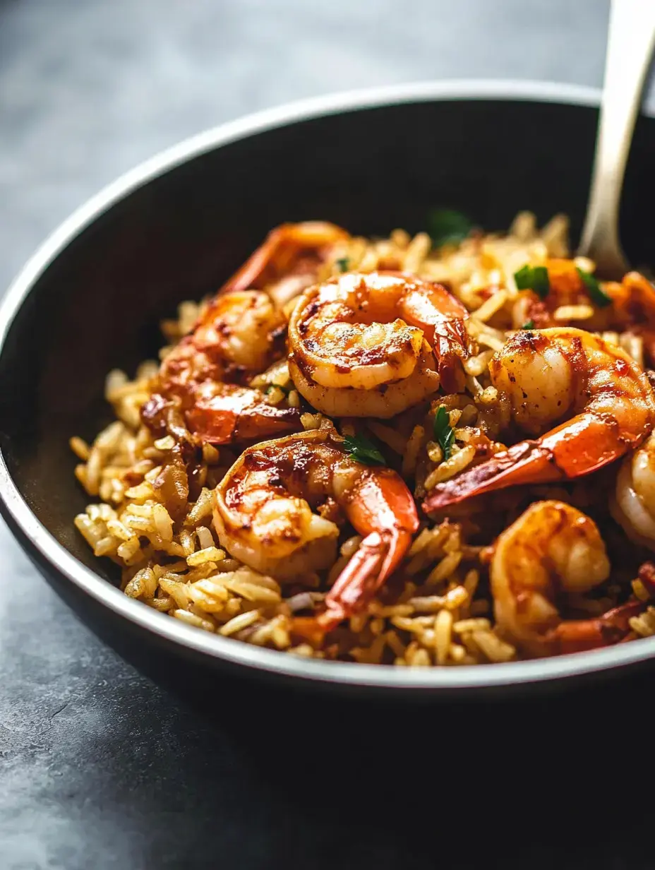 A bowl of rice topped with seasoned shrimp and garnished with green herbs.