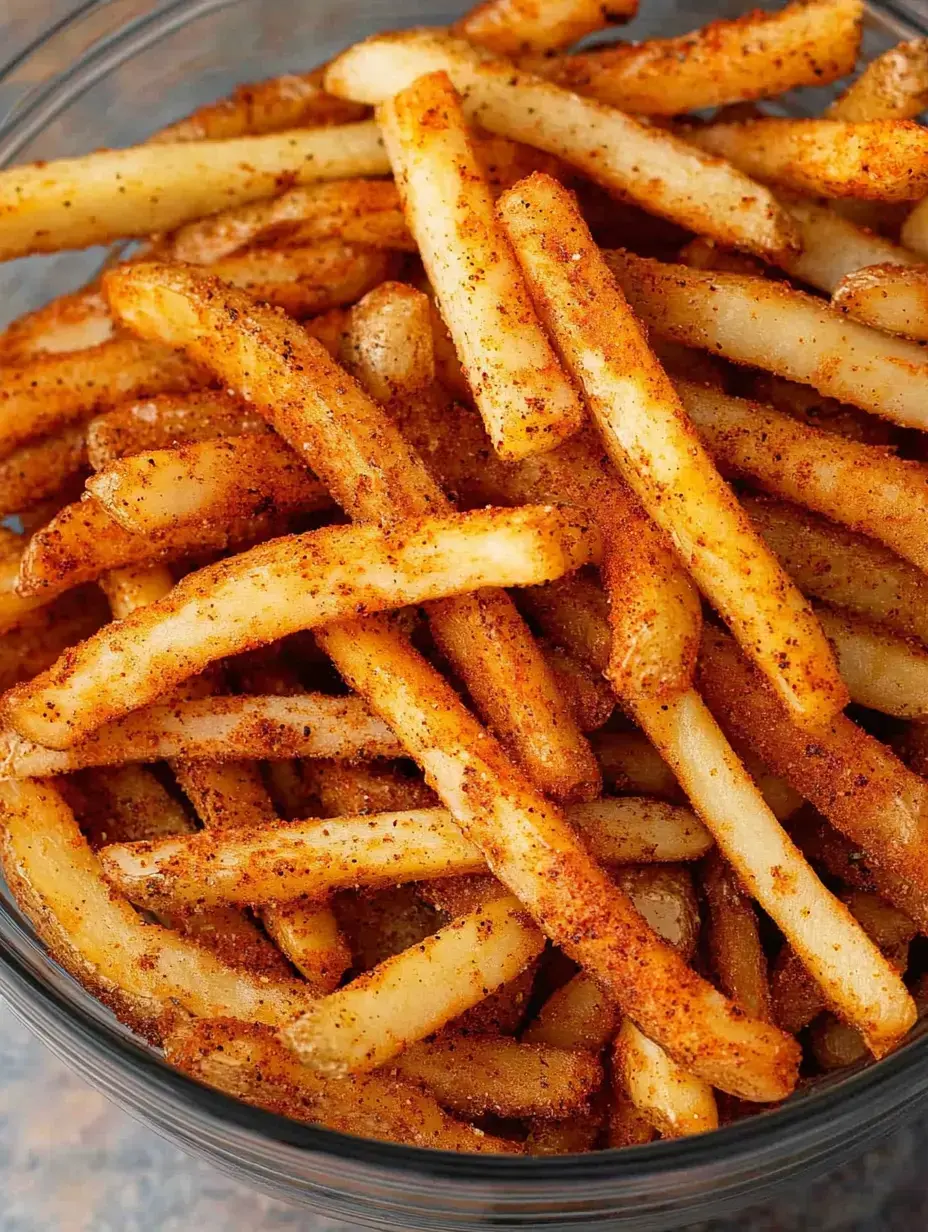 A close-up view of a bowl filled with golden, seasoned French fries.