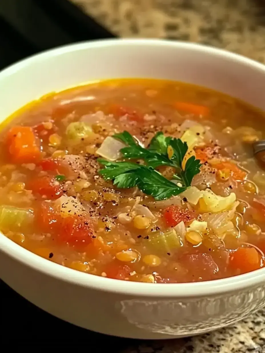 A close-up view of a bowl of hearty vegetable soup, garnished with parsley and sprinkled with black pepper.