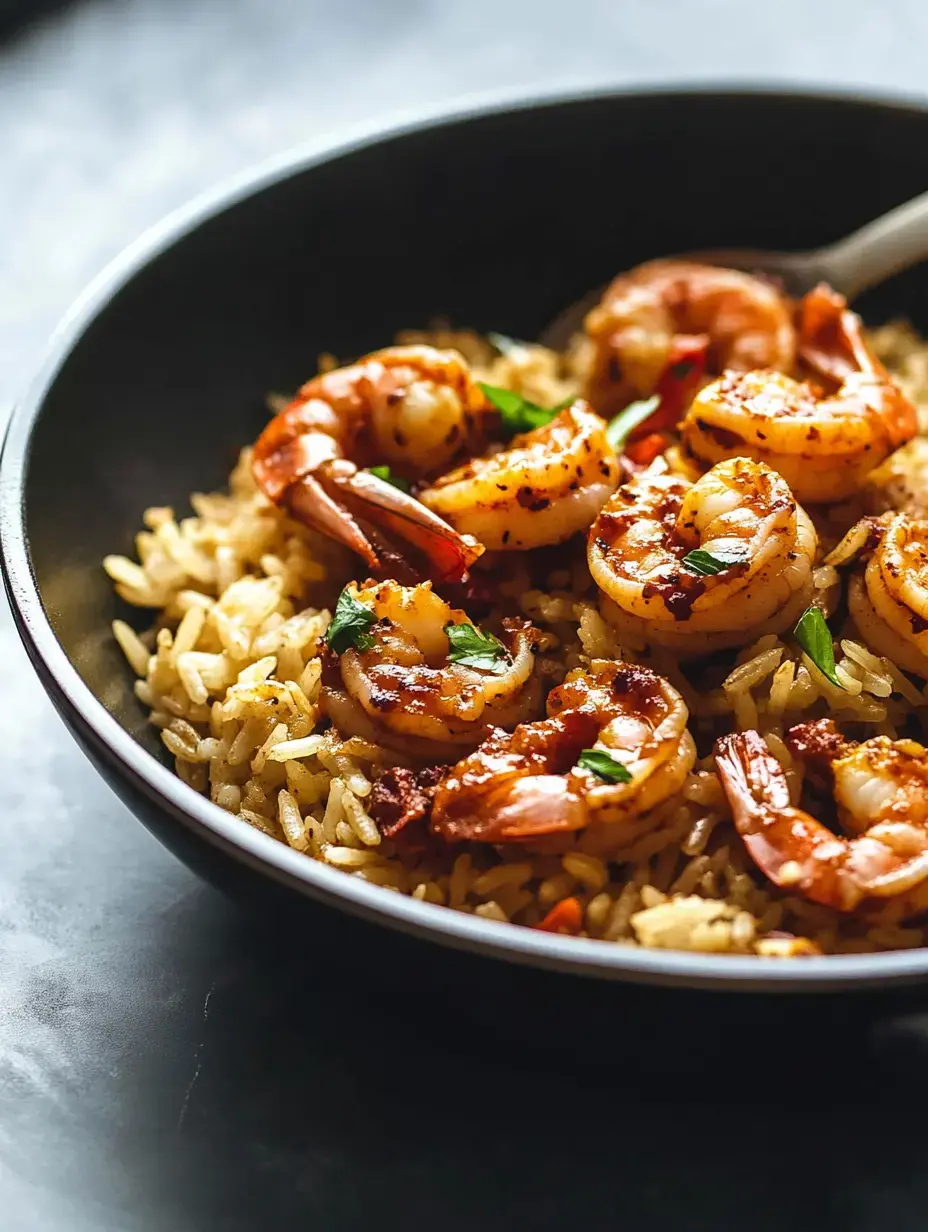 A close-up of a black bowl filled with seasoned shrimp on a bed of yellow rice, garnished with green herbs.