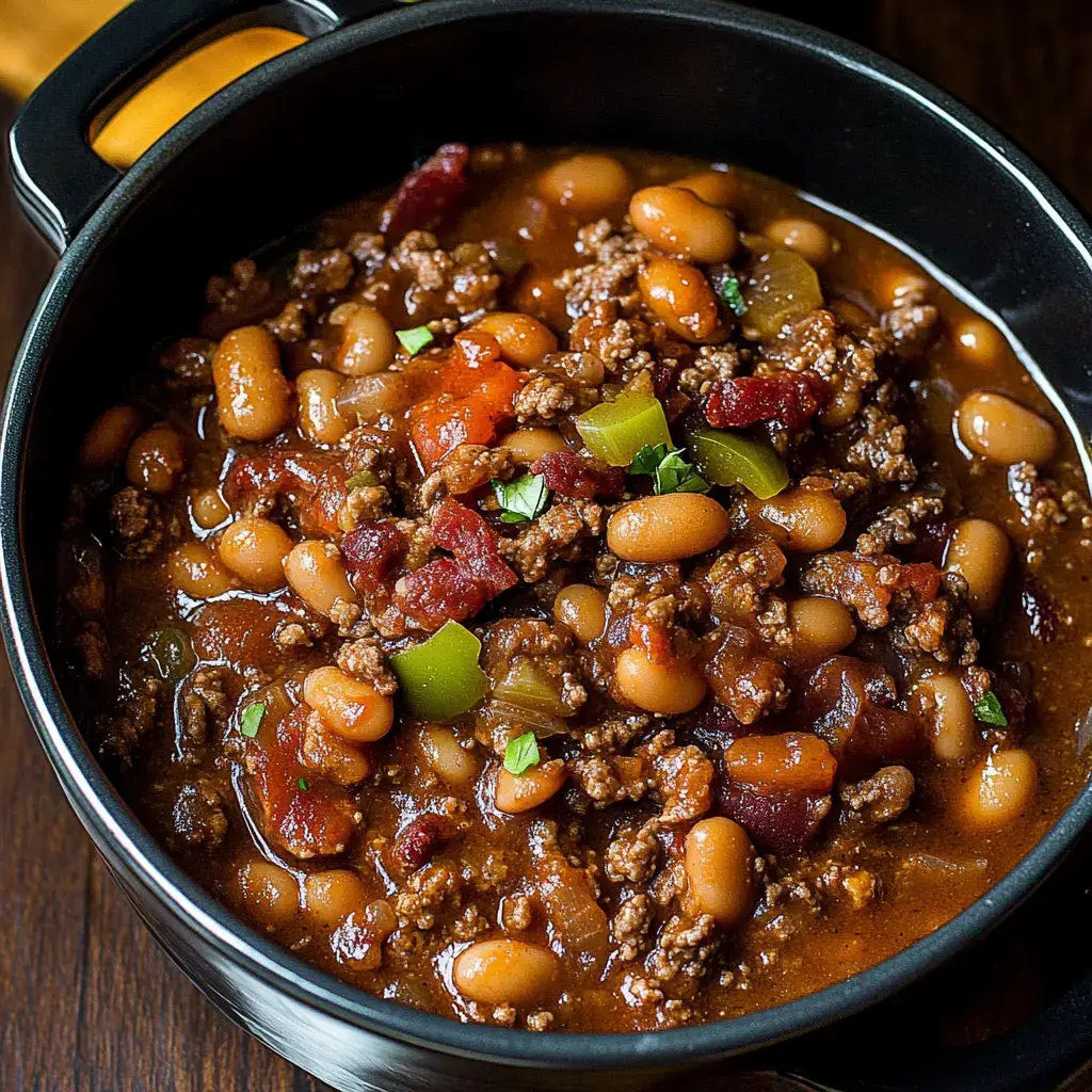 A black bowl filled with hearty chili containing ground meat, beans, tomatoes, and green peppers.