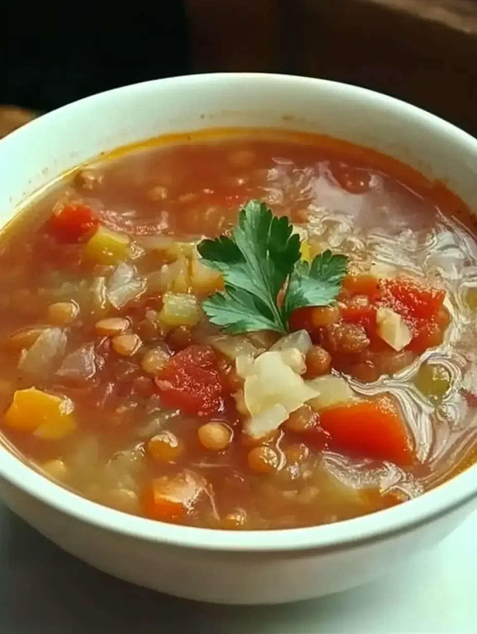 A bowl of lentil soup with various vegetables and a sprig of cilantro on top.