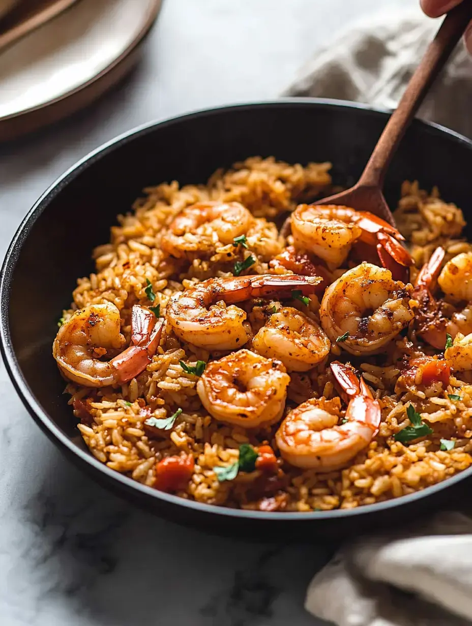 A close-up view of a bowl of seasoned rice topped with shrimp and garnished with parsley.