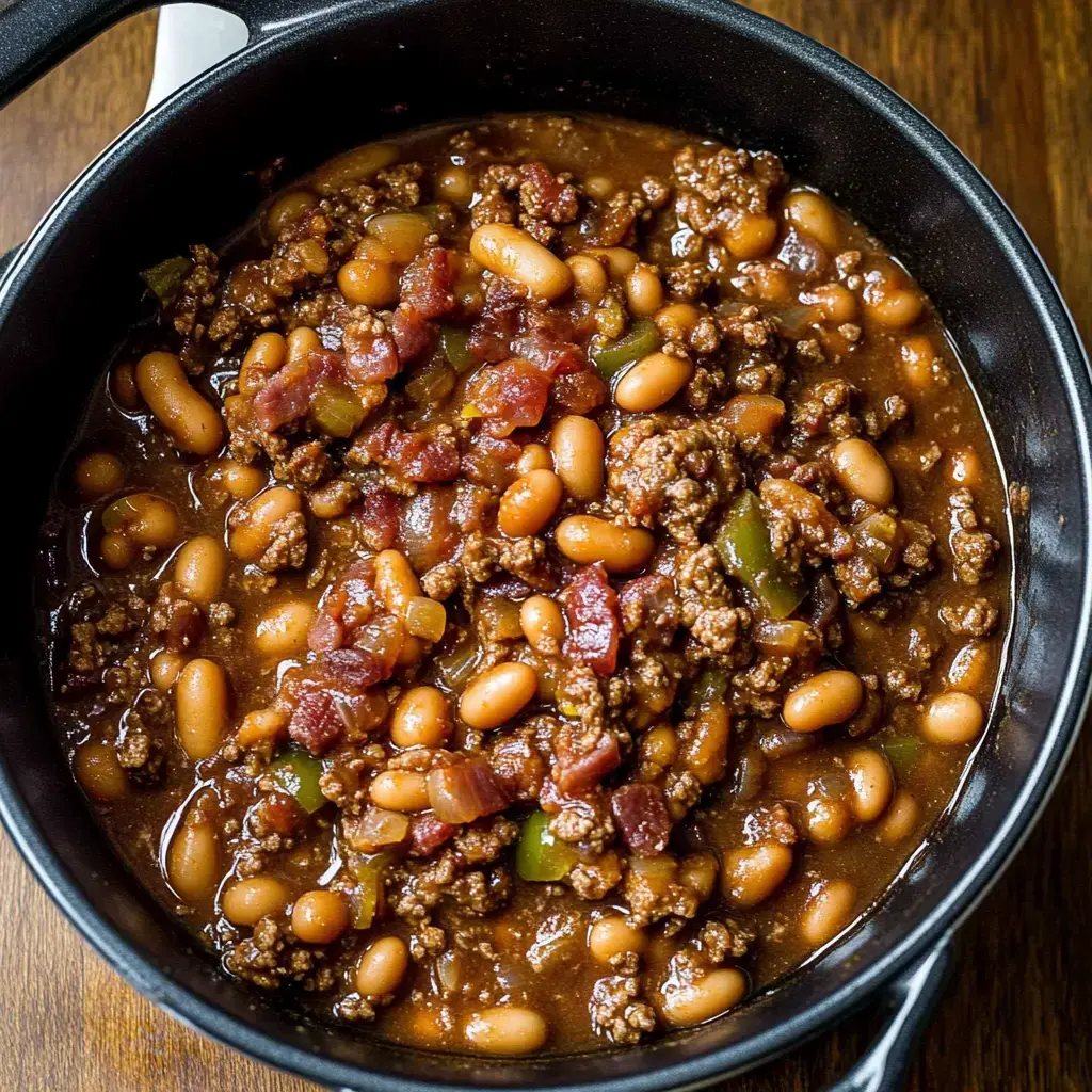 A black pot filled with a hearty ground beef and bean chili, featuring diced tomatoes and green peppers.