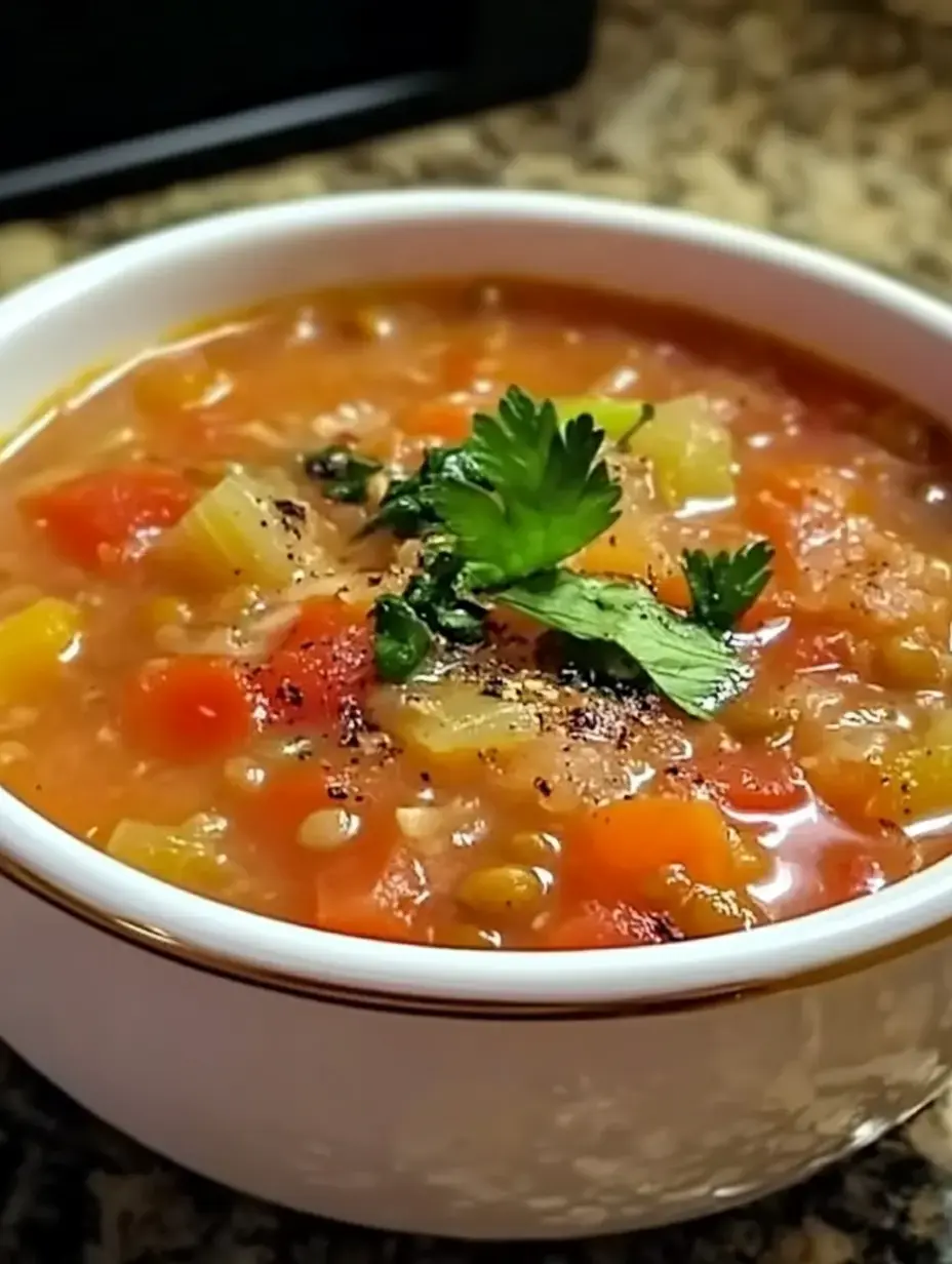 A bowl of colorful vegetable soup topped with fresh cilantro and pepper.