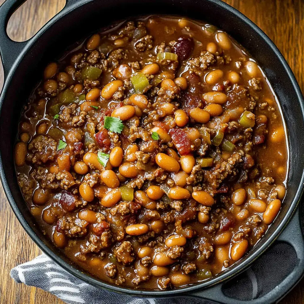 A black bowl filled with hearty chili featuring ground beef, beans, tomatoes, and herbs.