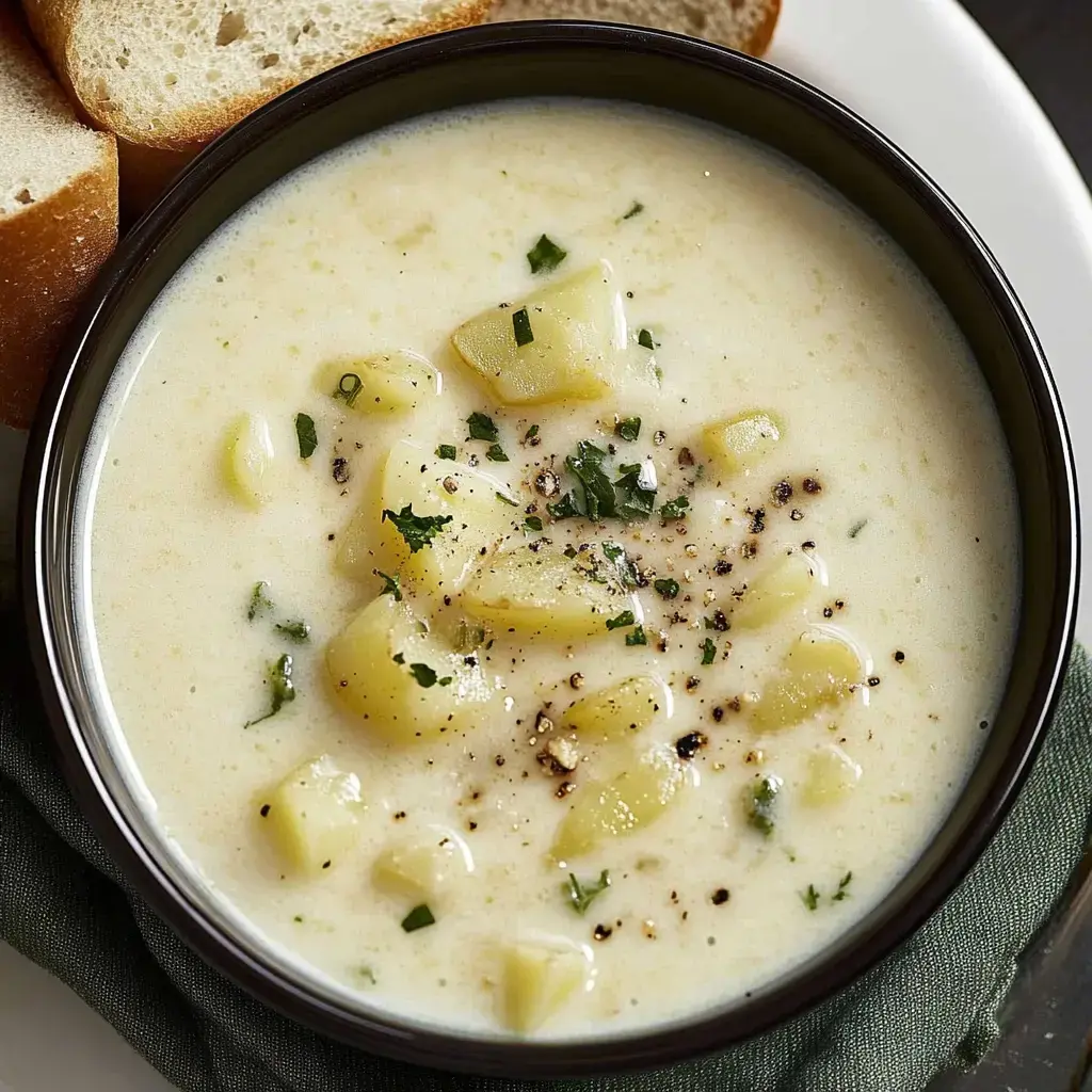 A bowl of creamy potato soup garnished with parsley and black pepper, accompanied by slices of bread.