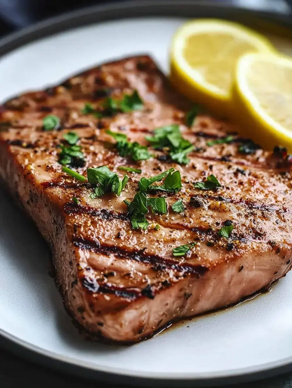 A grilled salmon steak garnished with chopped herbs and served with lemon wedges on the side.