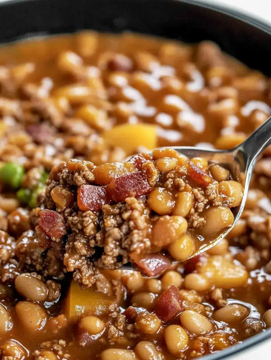 A close-up of a spoonful of hearty bean and meat stew lifted from a black bowl filled with rich, brown sauce.