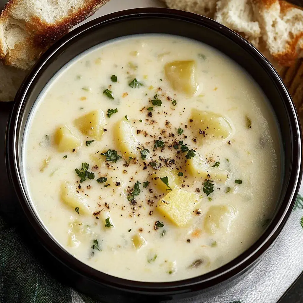 A bowl of creamy potato soup garnished with herbs and black pepper, accompanied by slices of toasted bread.