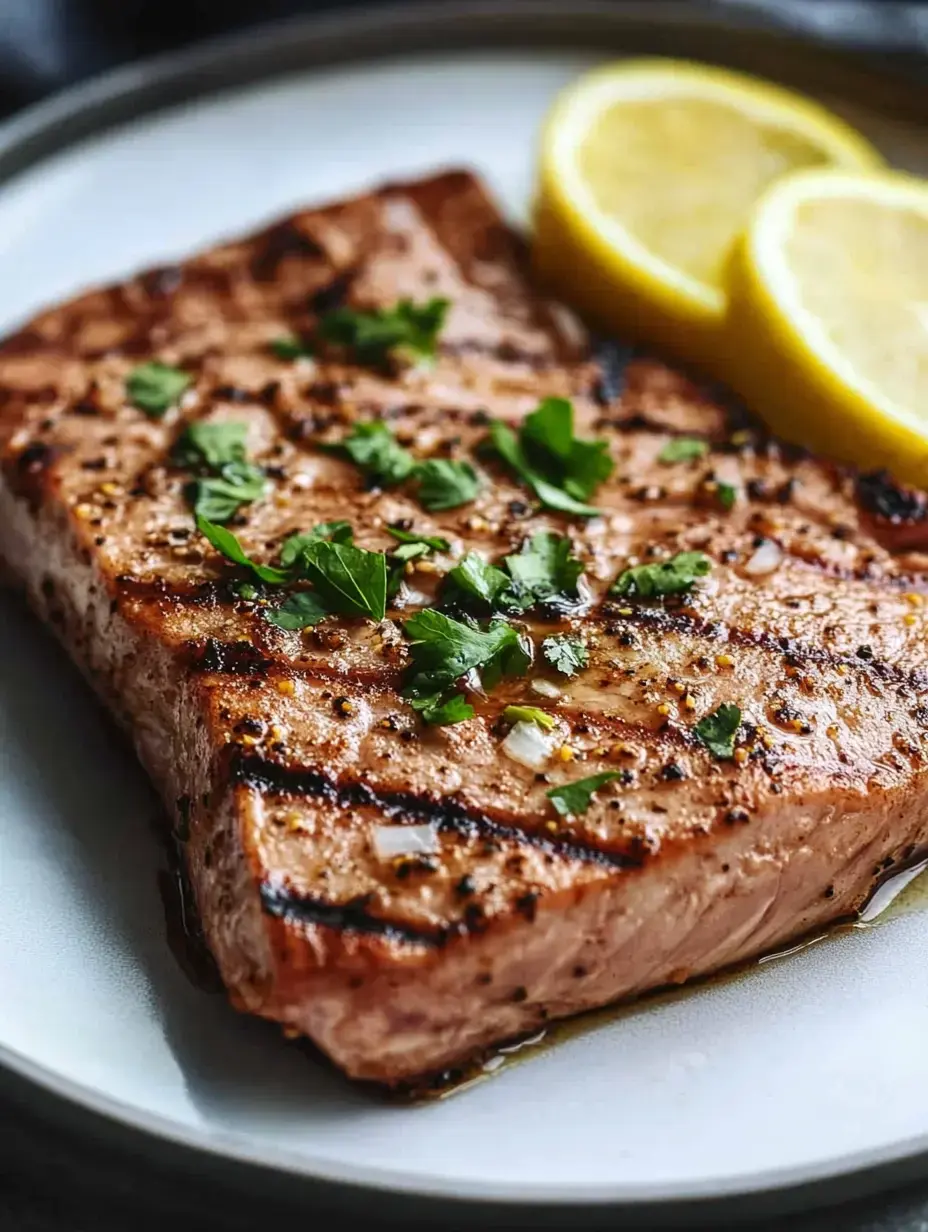 A grilled salmon fillet garnished with parsley and served with lemon slices on a white plate.