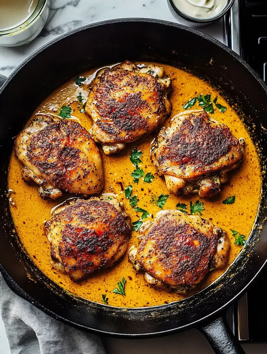 A cast iron skillet containing five beautifully seared chicken thighs in a creamy sauce, garnished with fresh parsley.