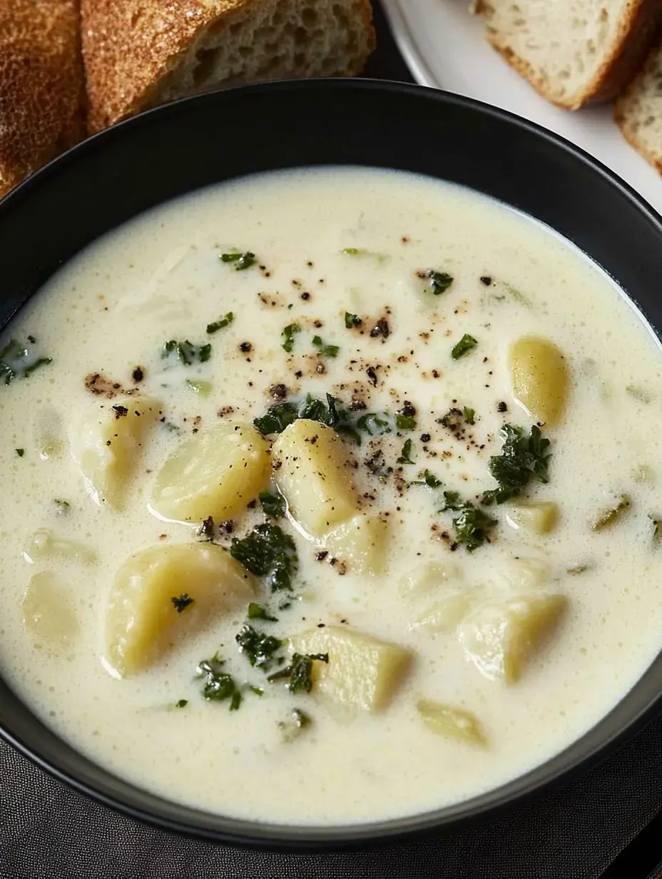 A bowl of creamy potato soup with herbs and black pepper, accompanied by slices of bread in the background.