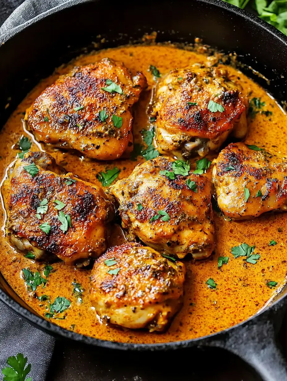 A cast-iron skillet filled with succulent, browned chicken thighs cooked in a rich, creamy sauce and garnished with chopped parsley.