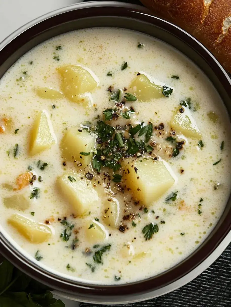 A warm bowl of creamy potato soup garnished with herbs and surrounded by a crusty bread roll.