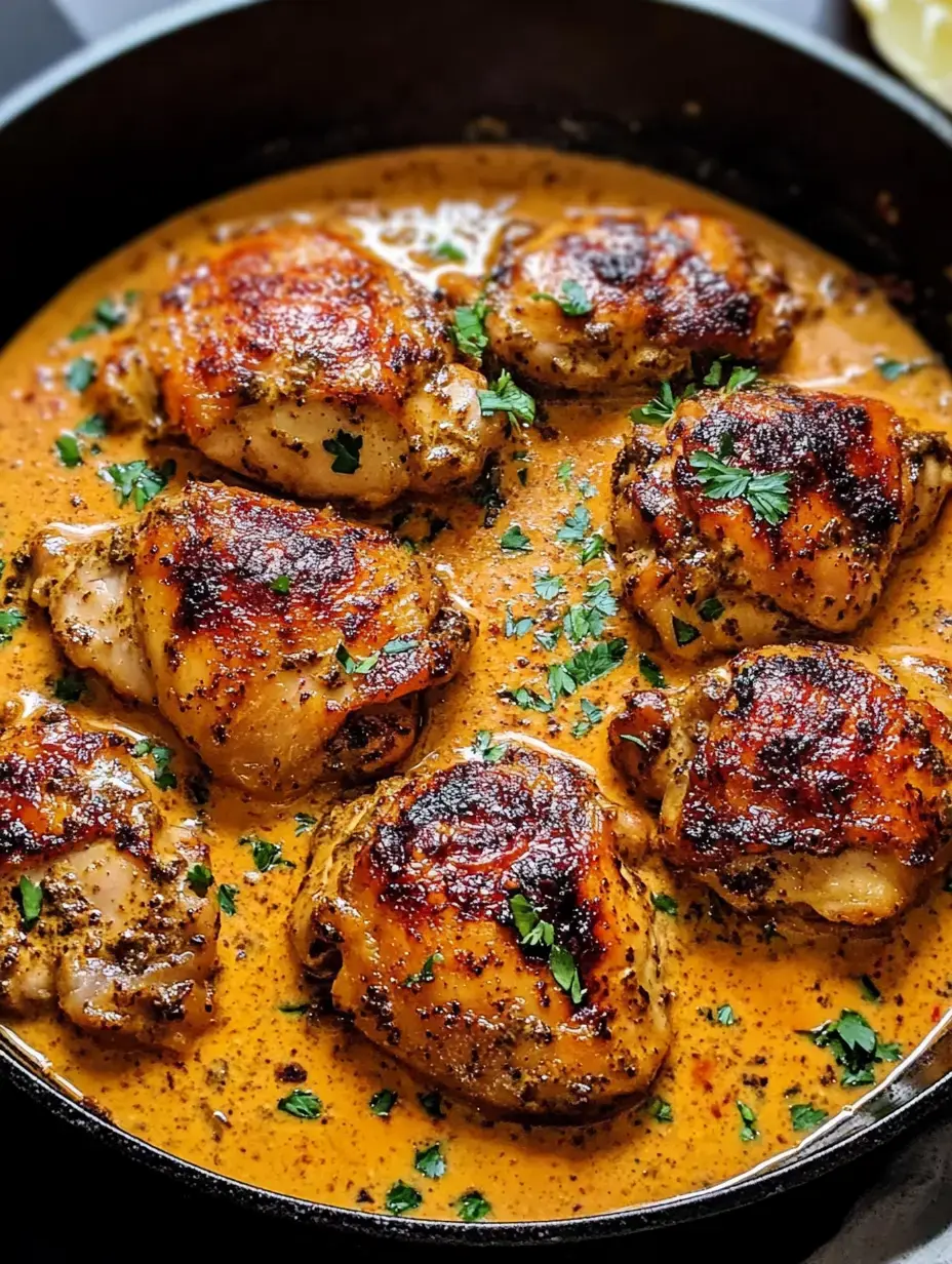 A close-up view of seasoned, browned chicken thighs simmering in a creamy sauce, garnished with parsley.