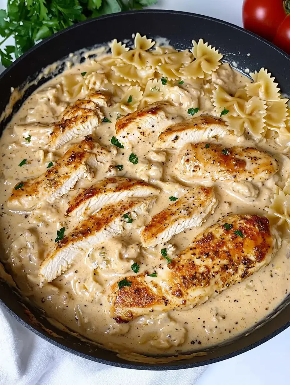 A skillet filled with creamy pasta and sliced grilled chicken, garnished with parsley, alongside a few tomatoes.