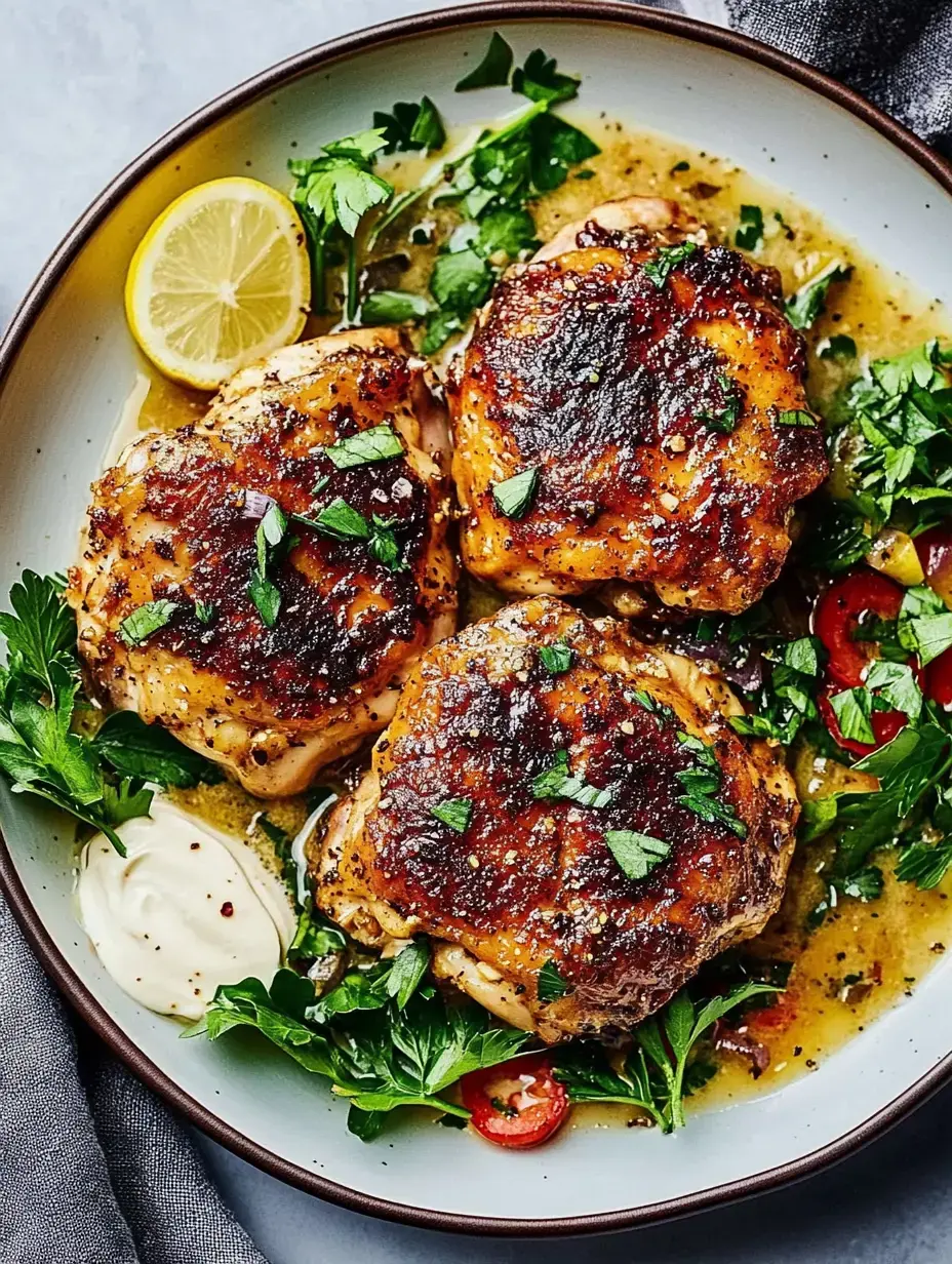 A plate of seared chicken thighs garnished with fresh herbs, lemon slices, and served with a creamy sauce.