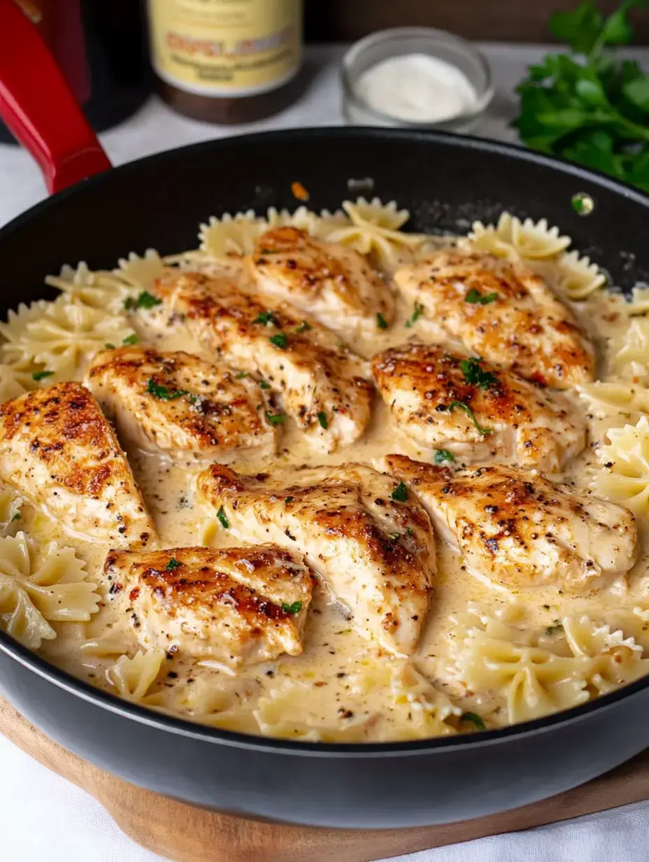 A skillet filled with creamy pasta and grilled chicken breasts, garnished with parsley.