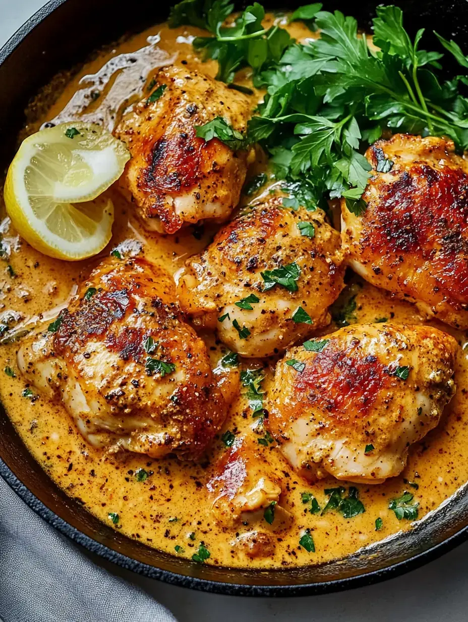 A skillet filled with golden-brown chicken thighs in a creamy sauce, garnished with fresh parsley and a slice of lemon.