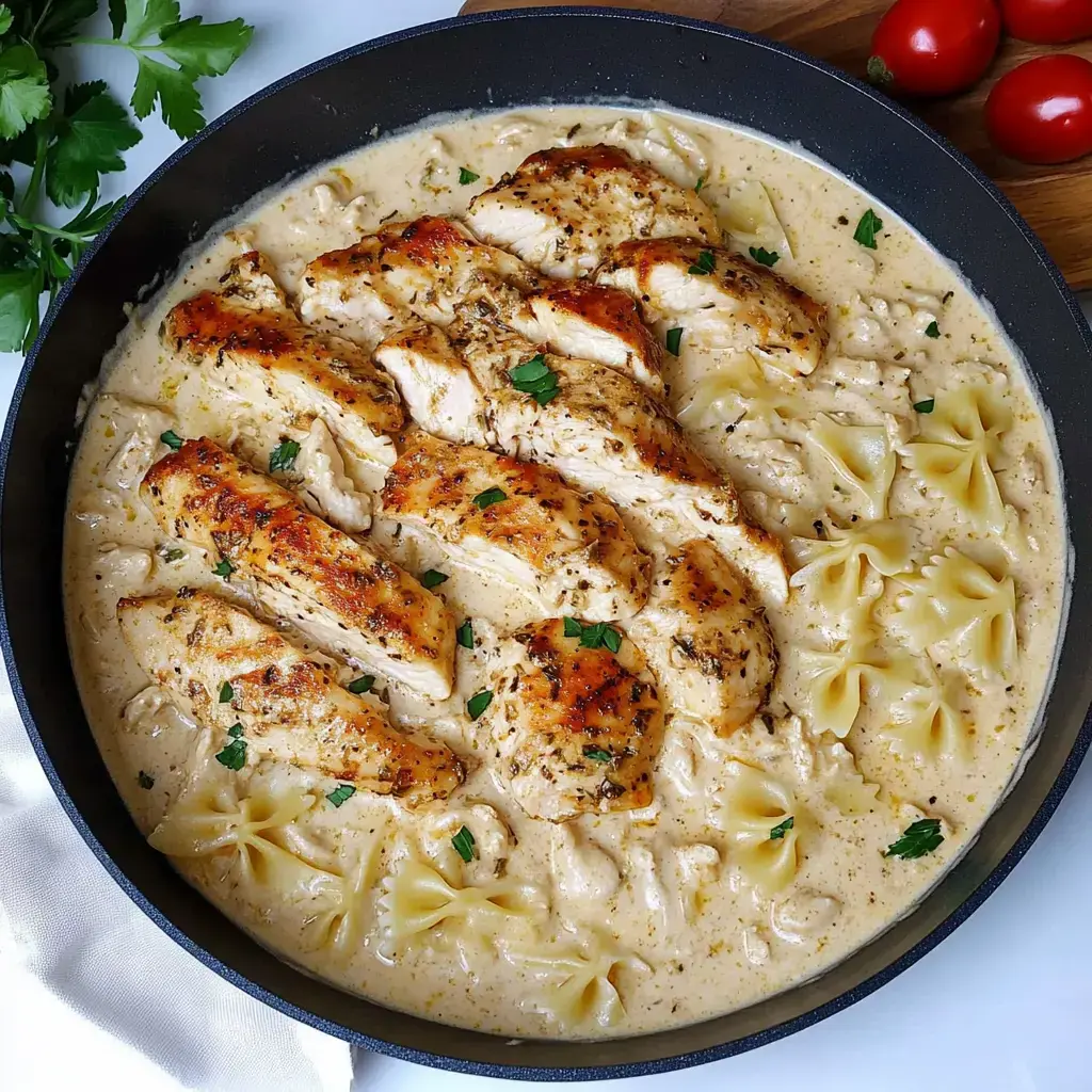 A skillet filled with creamy pasta and sliced grilled chicken, garnished with parsley, next to some cherry tomatoes.