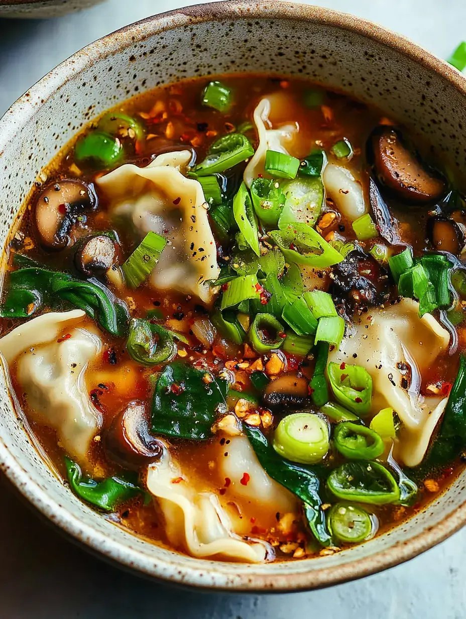 A close-up bowl of soup featuring dumplings, mushrooms, and green onions in a rich broth.