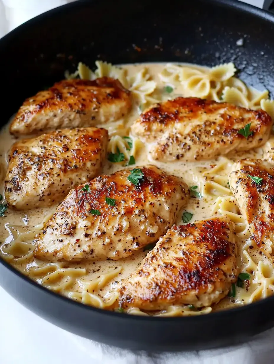 A sauté pan filled with creamy pasta and seared chicken breasts garnished with parsley.