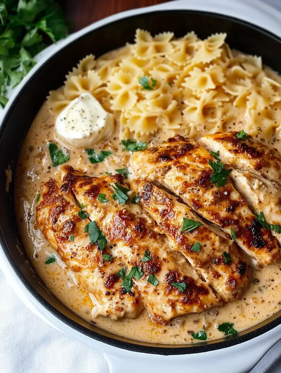 A skillet contains creamy chicken breast slices garnished with parsley, served alongside cooked farfalle pasta and a dollop of butter.