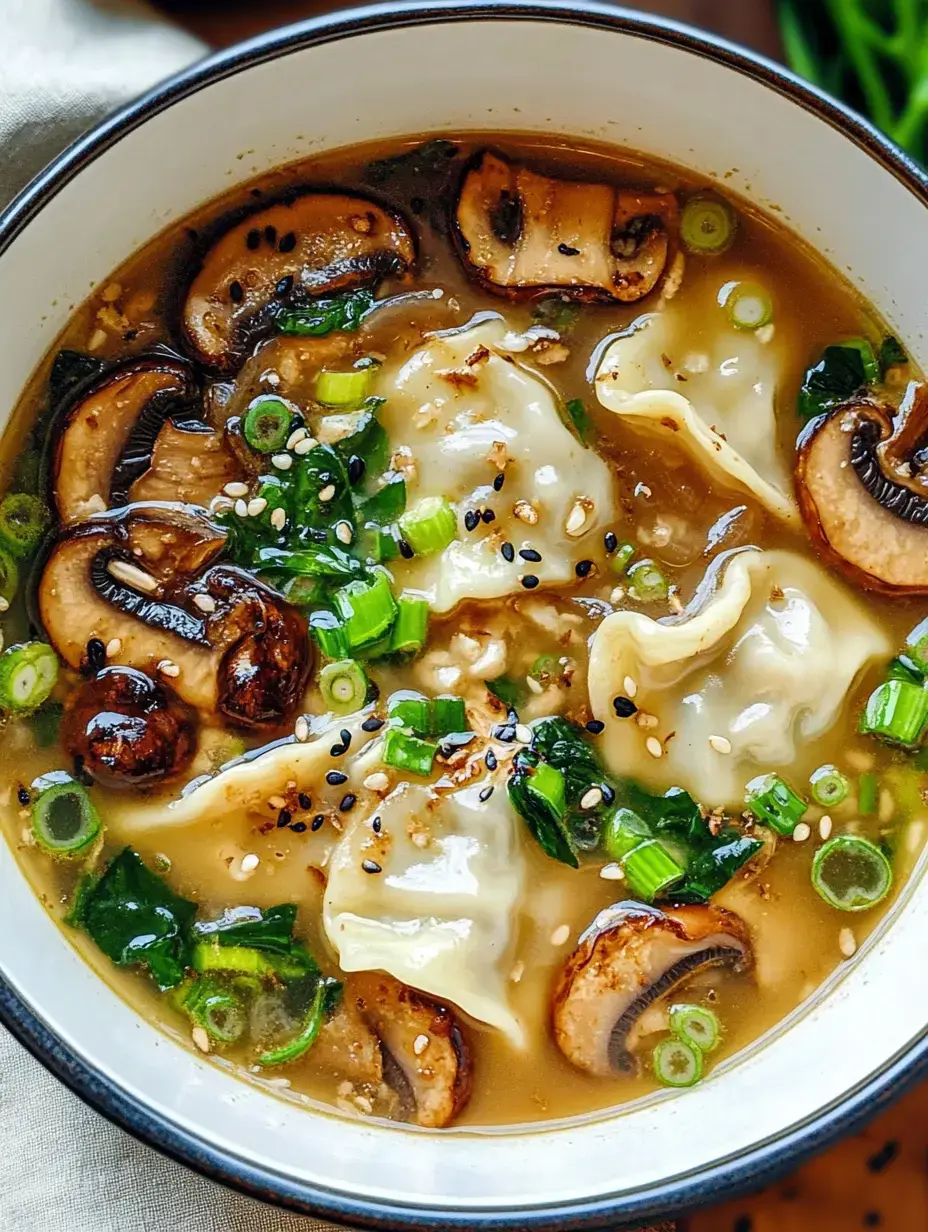 A bowl of hot soup filled with dumplings, mushrooms, green onions, and garnished with sesame seeds.