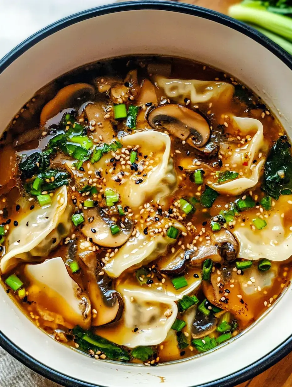 A bowl of dumpling soup with mushrooms, green onions, and sesame seeds in a rich broth.