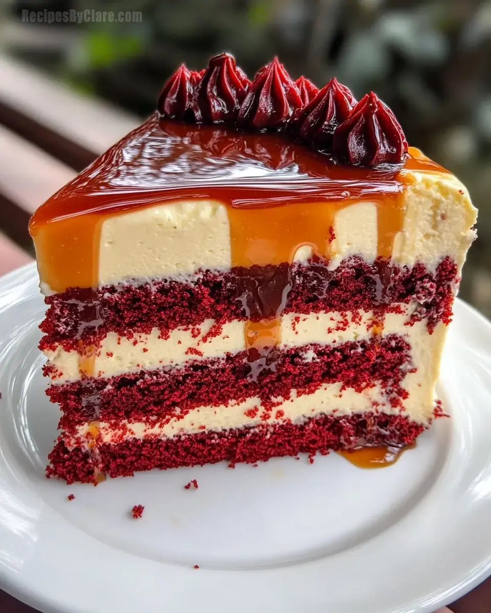 Red Velvet Cheesecake Cake With Caramel Drizzle