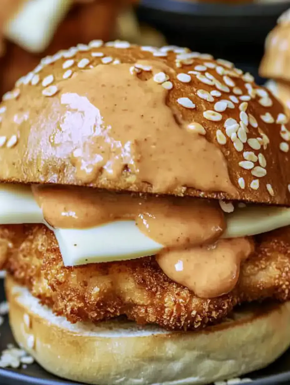 A crispy chicken sandwich topped with melted cheese and a creamy sauce, served on a sesame seed bun.