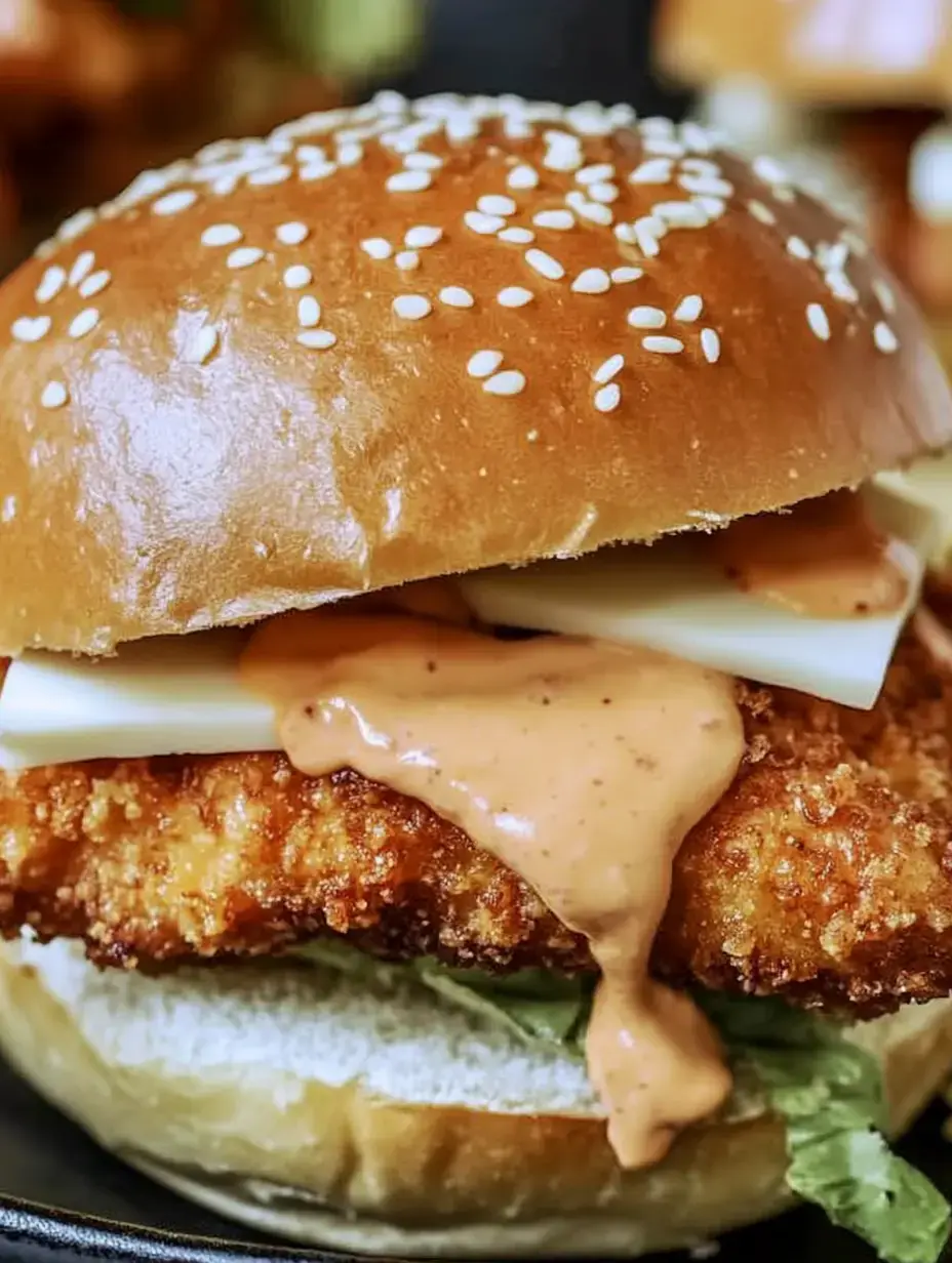 A close-up of a sesame seed bun sandwich filled with a crispy chicken patty, melted cheese, lettuce, and a drizzle of sauce.